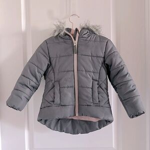 Toddler Girls Gray Puffer Jacket with Fur Trimmed Hoodie - Size 3T